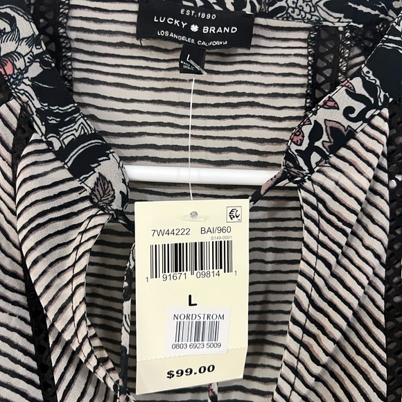 NWT Lucky Brand Boho Mixed Print Top 3/4 Bell Sleeve
Floral Striped Black Sz L - Picture 8 of 10
